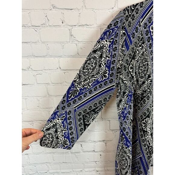 CHICO'S TRAVELERS black blue white gathered knit open front cardigan sweater 1 M - Picture 5 of 6